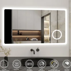 Miroir de salle de bain anti-buée avec horloge, blanc froid chaud neutre tactile mural miroir 80x60cm, AICA SANITAIRE