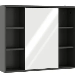 Miroir de salle de bain avec placard 2 étagères 6 niches latérales noir effet chêne clair