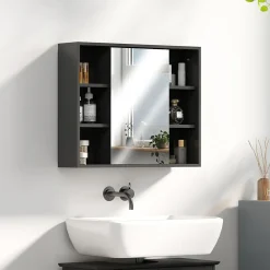 Miroir de salle de bain avec placard 2 étagères 6 niches latérales noir effet chêne clair