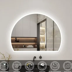 Miroir de salle de bain asymétrique 100x80cm led Demi-cercle Mirror 3 Colours Dimmable + Anti-buée + Mémoire, AICA SANITAIRE
