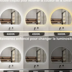 Miroir de salle de bain asymétrique 100x80cm led Demi-cercle Mirror 3 Colours Dimmable + Anti-buée + Mémoire, AICA SANITAIRE