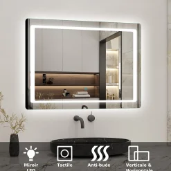 Miroir de salle de bain avec éclairage intégré, L.90 x H.65cm Miroir lumineux anti buée, AICA SANITAIRE