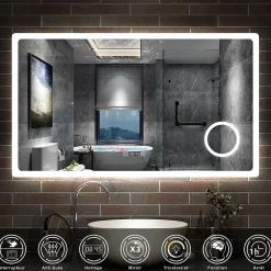 Miroir de salle de bain anti-buée avec horloge, blanc froid chaud neutre tactile mural miroir 120x70cm, AICA SANITAIRE