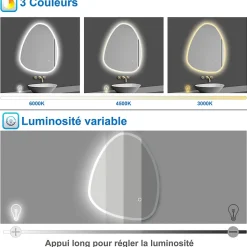 Miroir de salle de bain asymétrique 80x65cm led Teardrop Mirror 3 Colours Dimmable + Anti-buée + Mémoire, AICA SANITAIRE
