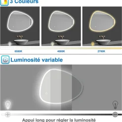 Miroir de salle de bain asymétrique 100x80cm led Teardrop Mirror 3 Colours Dimmable + Anti-buée + Mémoire, AICA SANITAIRE