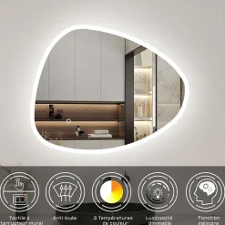Miroir de salle de bain asymétrique 80x65cm led Teardrop Mirror 3 Colours Dimmable + Anti-buée + Mémoire, AICA SANITAIRE