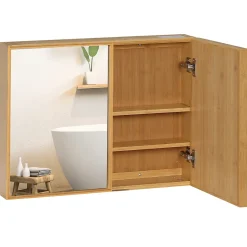 Miroir de salle de bain avec placard 2 portes - 2 étagères - bois de bambou verni