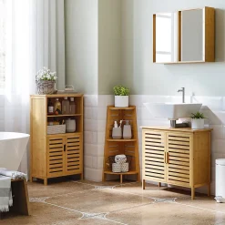 Miroir de salle de bain avec placard 2 portes - 2 étagères - bois de bambou verni