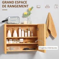 Miroir de salle de bain avec placard 2 portes - 2 étagères - bois de bambou verni