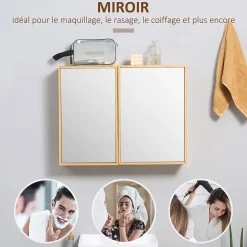 Miroir de salle de bain avec placard 2 portes - 2 étagères - bois de bambou verni