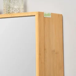 Miroir de salle de bain avec placard 2 portes - 2 étagères - bois de bambou verni