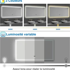 Miroir de salle de bain Bluetooth 100x60 cm, tricolore + horloge + mémoire + dimmable + anti-buée, IP44 Miroir LED, AICA SANITAIRE
