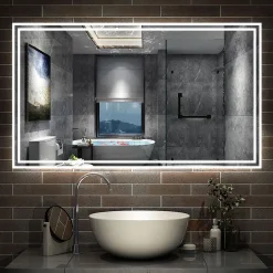 Miroir de salle de bain Bluetooth 140x80 cm, tricolore + horloge + mémoire + dimmable + anti-buée, IP44 Miroir LED, AICA SANITAIRE