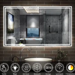 Miroir de salle de bain Bluetooth 140x80 cm, tricolore + horloge + mémoire + dimmable + anti-buée, IP44 Miroir LED, AICA SANITAIRE