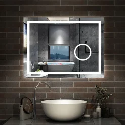 Miroir de salle de bain Bluetooth 80x60 cm, LED tricolore + loupe + mémoire + dimmable + anti-buée, IP44, AICA SANITAIRE