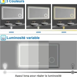 Miroir de salle de bain Bluetooth 80x60 cm, LED tricolore + loupe + mémoire + dimmable + anti-buée, IP44, AICA SANITAIRE