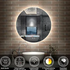 Miroir de salle de bain LED rond 100cm avec rétro-éclairage, tricolore + anti-buée + mémoire + gradation infinie, AICA SANITAIRE