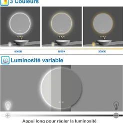 Miroir de salle de bain LED rond 100cm avec rétro-éclairage, tricolore + anti-buée + mémoire + gradation infinie, AICA SANITAIRE