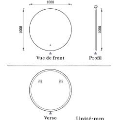 Miroir de salle de bain LED rond 100cm avec rétro-éclairage, tricolore + anti-buée + mémoire + gradation infinie, AICA SANITAIRE