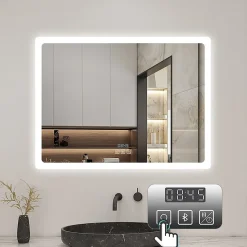 Miroir de salle de bain LED avec bluetooth et horloge, 80x60cm, Tri-color, anti-buée, AICA SANITAIRE