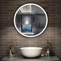 Miroir de salle de bain LED rond 60cm avec cadre noir, tricolore + anti-buée + mémoire + gradation infinie, AICA SANITAIRE