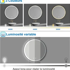 Miroir de salle de bain LED rond 60cm avec cadre noir, tricolore + anti-buée + mémoire + gradation infinie, AICA SANITAIRE