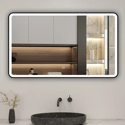 Miroir de salle de bain LED 120x70cm avec cadre noir, tricolore + anti-buée + mémoire + gradation infinie, AICA SANITAIRE