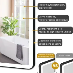 Miroir de salle de bain LED 120x70cm avec cadre noir, tricolore + anti-buée + mémoire + gradation infinie, AICA SANITAIRE