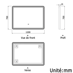 Miroir de salle de bain LED 120x70cm avec cadre noir, tricolore + anti-buée + mémoire + gradation infinie, AICA SANITAIRE