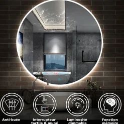 Miroir de salle de bain LED rond de 90cm, dimmable + mémoire + antibuée, avec interrupteur tactile, blanc, AICA SANITAIRE