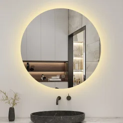 Miroir de salle de bain LED rond 80 cm avec rétro-éclairage, tricolore + anti-buée + mémoire + gradation infinie, AICA SANITAIRE