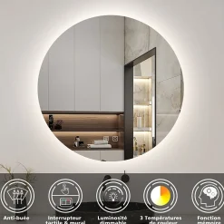 Miroir de salle de bain LED rond 80 cm avec rétro-éclairage, tricolore + anti-buée + mémoire + gradation infinie, AICA SANITAIRE