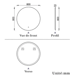 Miroir de salle de bain LED rond 80 cm avec rétro-éclairage, tricolore + anti-buée + mémoire + gradation infinie, AICA SANITAIRE