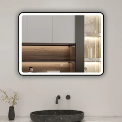 Miroir de salle de bain LED 80x60cm avec cadre noir, tricolore + anti-buée + mémoire + gradation infinie, AICA SANITAIRE