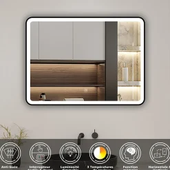 Miroir de salle de bain LED 80x60cm avec cadre noir, tricolore + anti-buée + mémoire + gradation infinie, AICA SANITAIRE