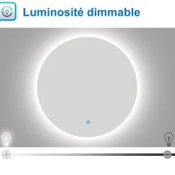 Miroir de salle de bain LED rond 60 cm avec rétro-éclairage sans cadre, anti-buée + mémoire + dimmable, AICA SANITAIRE