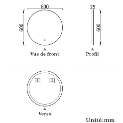 Miroir de salle de bain LED rond 60 cm avec rétro-éclairage sans cadre, anti-buée + mémoire + dimmable, AICA SANITAIRE