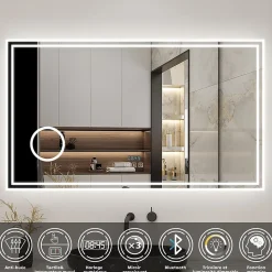 Miroir de salle de bain LED 160x80cm Tricolor anti-buée avec bluetooth simple, horloge et miroir grossissant 3x, AICA SANITAIRE