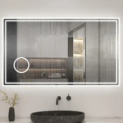 Miroir de salle de bain LED 160x80cm Tricolor anti-buée avec bluetooth simple, horloge et miroir grossissant 3x, AICA SANITAIRE