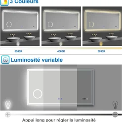 Miroir de salle de bain LED 160x80cm Tricolor anti-buée avec bluetooth simple, horloge et miroir grossissant 3x, AICA SANITAIRE