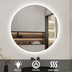 Miroir de salle de bain led rond 70 cm, anti buée miroir avec interrupteur tactile,lumière blanche, AICA SANITAIRE
