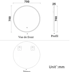 Miroir de salle de bain led rond 70 cm, anti buée miroir avec interrupteur tactile,lumière blanche, AICA SANITAIRE