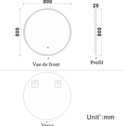 Miroir de salle de bain led rond 80 cm, anti buée miroir avec interrupteur tactile,lumière blanche, AICA SANITAIRE
