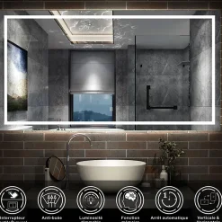 Miroir de salle de bain LED dimmable, avec mémoire et anti-buée, 160x70cm, IP44, AICA SANITAIRE
