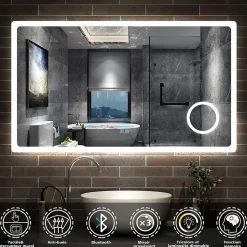 Miroir de salle de bain LED 120x70cm tricolor anti-buée avec bluetooth et loupe 3x,mémoire et lumière gradation, AICA SANITAIRE