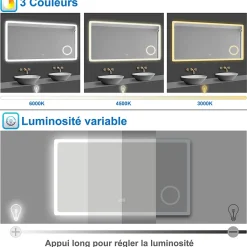 Miroir de salle de bain LED 120x70cm tricolor anti-buée avec bluetooth et loupe 3x,mémoire et lumière gradation, AICA SANITAIRE