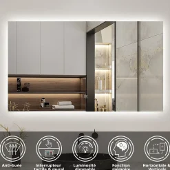 Miroir de salle de bain LED 70x50 cm rétro-éclairé sans cadre avec anti-buée + mémoire + dimmable, AICA SANITAIRE