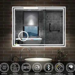 Miroir de salle de bain LED 100x60cm Tricolor anti-buée avec bluetooth simple, horloge et miroir grossissant 3x, AICA SANITAIRE