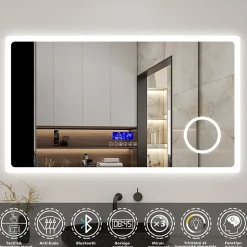 Miroir de salle de bain led bluetooth, 100x60cm Anti-buée, 3x Loupe, 3 couleurs de lumière, AICA SANITAIRE