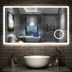 Miroir de salle de bain led bluetooth, 140x80cm Anti-buée, 3x Loupe, 3 couleurs de lumière, AICA SANITAIRE